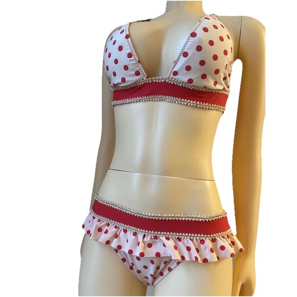 Jennie Betsey Johnson Bikini Pink Red Polka Dot Pin Up 2 Piece Skirt Swim - Picture 1 of 16